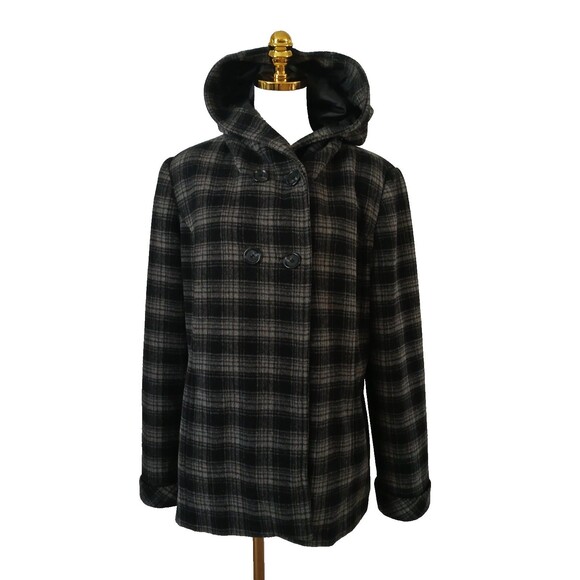 Kristen Blake Women's XL Plaid Hooded Button Up Coat Jacket Wool Blend Warm - Picture 1 of 12